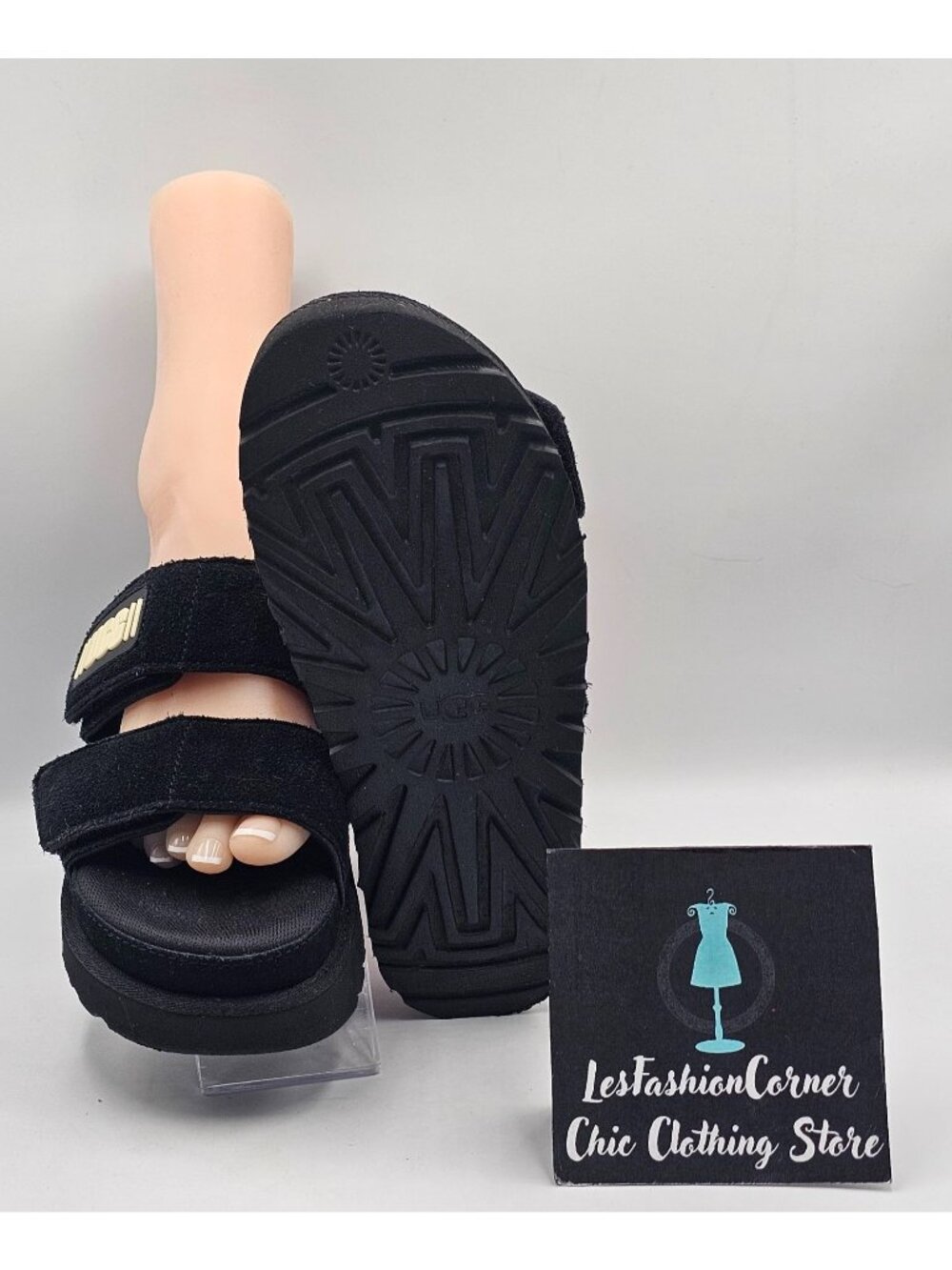 UGG Women's Black Suede Greer Platform Adjustable  Straps Slide Sandal Sz 9 3707 - Picture 3 of 16